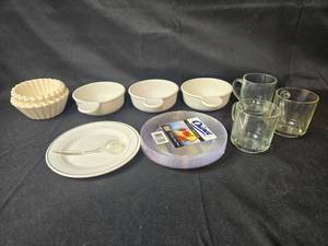 lot 159 image: Kitchenware Collection Mugs, Ceramic Bowls, Paper Cups, Plates, and Plastic Spoons