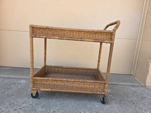 lot 169 image: Wicker Serving Cart with Two Shelves and Handle