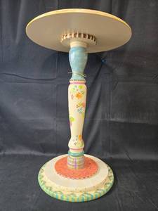 lot 182 image: Hand-Painted Pedestal Table with Floral and Checkered Design