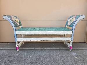lot 185 image: Vintage Hand-Painted Wooden Bench with Floral Design (purple cushion & pillow inc but not pictured)