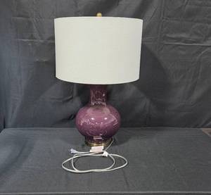 lot 209 image: Currey & Company Table Lamp with Purple Glass Base and White Shade