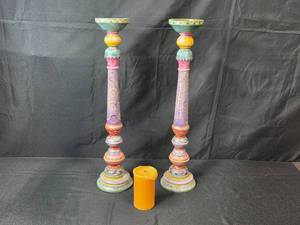 lot 210 image: Set of 2 Colorful Shabby Chic Candlesticks with Orange Candle - 24 tall