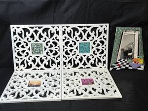lot 214 image: Decorative Set of 4 White Ornate Picture Frames with Art Inserts and Unique Mirror