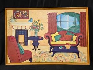 lot 223 image: Large Signed Surrealist Artwork of a Vibrant Living Room