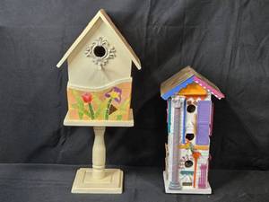 lot 232 image: Set of 2 Decorative Table Top Wooden Birdhouses with Unique Designs