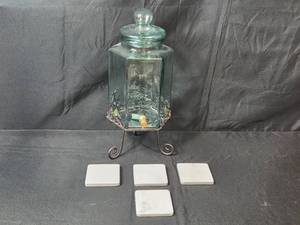 lot 245 image: Glass Beverage Dispenser with Stand and Set of 4 Marble Coasters
