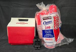 lot 249 image: Igloo Little Playmate Cooler and 240 Red Chinet Plastic Cups