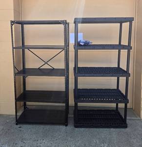 lot 260 image: Set of 2 Black Freestanding Shelving Units with Adjustable Shelves