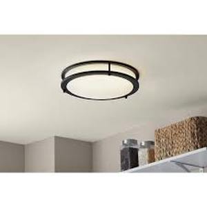lot 17 image: Hampton Bay Flaxmere 14 in. Modern Matte Black Selectable CCT Integrated LED Flush Mount for Kitchens  Customer Returns See Pictures