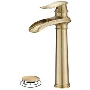 lot 26 image: BWE Waterfall Tall Spout Single Hole Single Handle Vessel Sink Faucet in Brushed Gold Customer Returns See Pictures