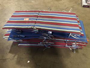 lot 22 image: 15 Pieces of StyleWell 18.5 in. W x 18.5 in. D High Back Universal Outdoor Cushion in Lake Stripe  Customer Returns See Pictures