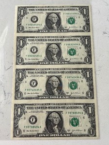 lot 6 image: Uncut Sheet of 2003 A $1 Dollar Federal Reserve Notes