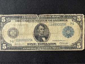lot 82 image: 1914 Blue Seal $5 Dollar Federal Reserve Note