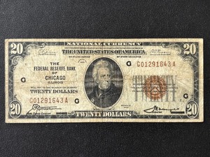 lot 87 image: 1929 Brown Seal $20 Dollar National Currency Chicago