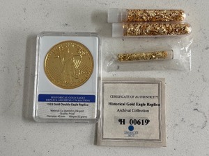 lot 144 image: Gold Layered Medallion and Gold Flake Tubes
