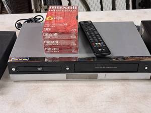 lot 1104 image: LG DVDVHS Player with Remote Control and (3) Maxell High Grade T120 VHS Blank Tapes V194H