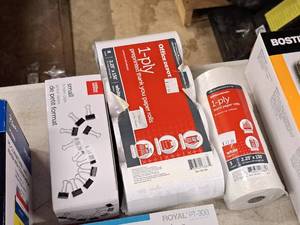 lot 1130 image: Office Depot Office Supplies - (1) 3-count 1-ply Bond Paper Rolls, (1) 8-count 1-ply Pre-Printe Thank You Paper Rolls, (1) box Small Binder Clips 144-ct