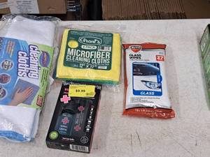 lot 1206 image: Assorted Auto Cleaning Accessories - Muc Off Cleaning Kit, Autodrive 27ct Glass Wipes, 4-pack Grants 12x12 Microfiber Cloths, (1) 3-pack Cloths, (2) Loose Cloths