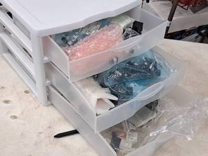 lot 1125 image: Plastic Parts Organizer Cabinet 3-drawer with Electronic Parts and Components - Capacitors, Relays