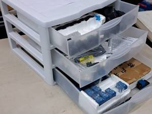 lot 1124 image: Plastic Parts Organizer Cabinet 3-drawer with Electronic Parts and Components - Omron Power PCB Relays