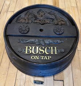 lot 57 image: Vintage Busch On Tap Beer Barrel Sign Cover