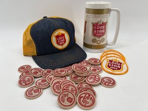 lot 83 image: Lone Star Beer Collectible Set Cap, Mug, Tokens, and Patches
