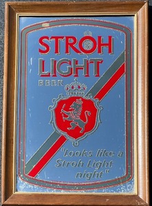 lot 114 image: Vintage Stroh Light Beer Mirror Sign with Wooden Frame