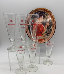 lot 189 image: Set of 6 Budweiser Pilsner Beer Glasses and 1971 Budweiser Girl Tin Tray