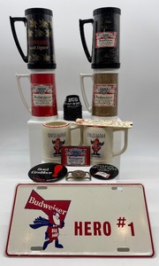 lot 222 image: Budweiser Collectible Set with Mugs, Buttons, and Hero #1 Plate