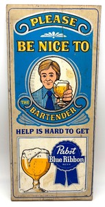 lot 226 image: Vintage Pabst Blue Ribbon Wooden Bar Sign with Bartender Graphic