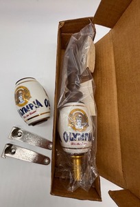 lot 265 image: 2 Olympia Beer Taps 1 with Handle and Box with 2 Olympia Bottle Openers