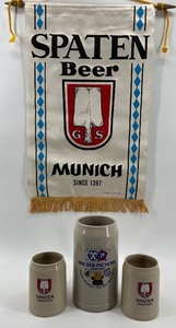 lot 288 image: Spaten and Hacker-Pschorr Beer Stein Collection with Wall Banner