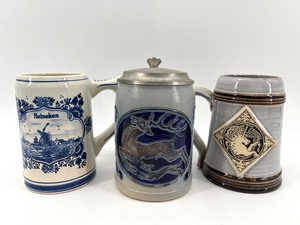 lot 290 image: Set of 3 Vintage Beer Steins Including Heineken and Handcrafted Designs