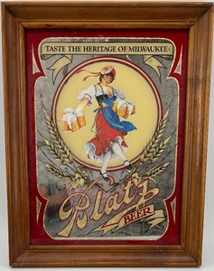 lot 117 image: Vintage Blatz Beer Advertising Mirror with Wooden Frame