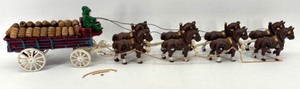 lot 283A image: Vintage Budweister Clydesdale Cast Iron Horse-Drawn Wagon with Wooden Barrels