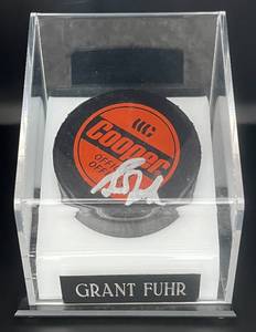 lot 46 image: Grant Fuhr Signed Puck w JSA COA and Case - Edmonton Oilers Hockey