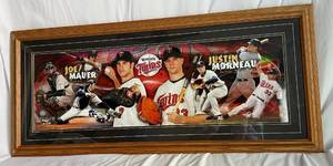 lot 16 image: Joe Mauer and Justin Morneau 43.5x19.5 Framed and Matted Photo - Minnesota Twins Baseball
