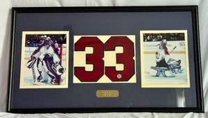 lot 7 image: Patrick Roy Signed Jersey Number w Steiner COA, Custom Framed and Matted with Photos 34.5x20 Signed Hockey
