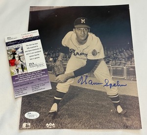 lot 56 image: Warren Spahn Signed 8x10 Photo w JSA COA - Antlanta Braves Baseball