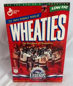 lot 32A image: 1980 Miracle on Ice Team USA Hockey Olympic Gold Wheaties Box