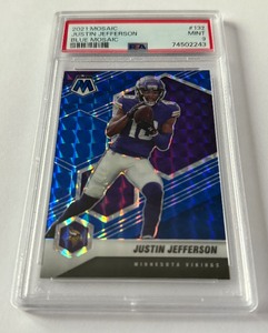 lot 10C image: Justin Jefferson 99 PSA 9 2021 Blue Mosaic #132, Numbered 9099, Minnesota Vikings Football Card