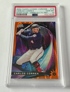 lot 14C image: Carlos Correa 25 PSA 10 Gem Mint 2022 Topps Cosmic Chrome State Gae Orange Galactic Refractor #16, RARE numbered 0225,  Minnesota Twins Baseball Card