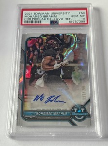 lot 20C image: Mohamed Ibrahim PSA 10 Gem Mint Lava Refractor 199 2020 Bowamn Universiry Chrome Prospect Auto #MI, numbered 127199, University of Minnesota Football Card