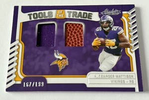 lot 28C image: Alexander Mattison Dual Relic 199 2022 Absolute Tools of The Trade #TD-35 Minnesota Vikings Football Card, Numbered 167199