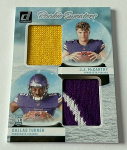 lot 30C image: JJ McCarthy  Dallas Turner Rookie Sweaters Relic 2023 Donruss #RHD-MIN Football Card