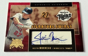 lot 31C image: Justin Morneau Auto 199 2005 National Pastime #SS-JM Signature Swings Minnesota Twins Baseball Card
