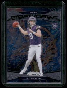 lot 17B image: JJ McCarthy RC Fireworks Insert 2024 Prizm #18 Rookie Minnesota Vikings Football Card