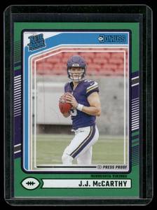 lot 21B image: JJ McCarthy RC 2024 Donruss Press Proof Green Rated Rookie #303 Rookie Minnesota Vikings Football Card