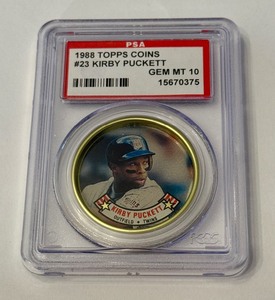 lot 8A image: Kirby Puckett PSA 10 Gem Mint 1988 Topps Coins #23 Minnesota Twins Baseball Card
