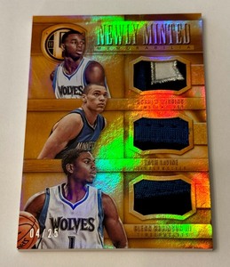 lot 15D image: Andrew Wiggins  Zach Lavine Glenn Robinson III Gold RC Triple Patch SP 25 2014-15 Gold Standard Newly Minted #NMT-AZG, numbered 415, Rookie Minnesota Timberwolves Basketball Card